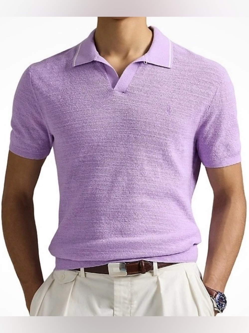 Polo Ralph Lauren Textured Cotton-Linen Polo Sweater Powder Purple Mens XL